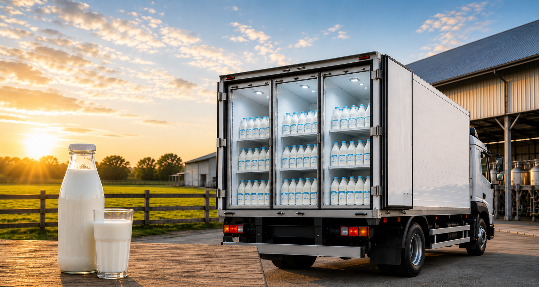 Infographic showing the dairy supply chain journey from farm to retailer using a milk truck and cold chain logistics network in India